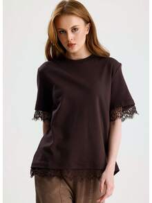 RoseArya Premium Cotton Lace Sleeve & Back T-Shirt - Brown - View 2