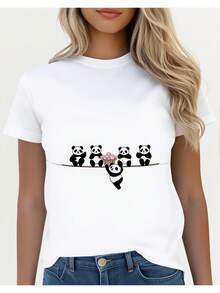 Camiseta Casual para Mujer con Estampado de Dibujos Animados de Panda y Árbol Familiar, para Primavera y Verano, Diseño Holgado y Ligeramente Extendido |   Diseño exquisito |   Suelto y cómodo |   Fácil de combinar | - Blanco - Ver 7