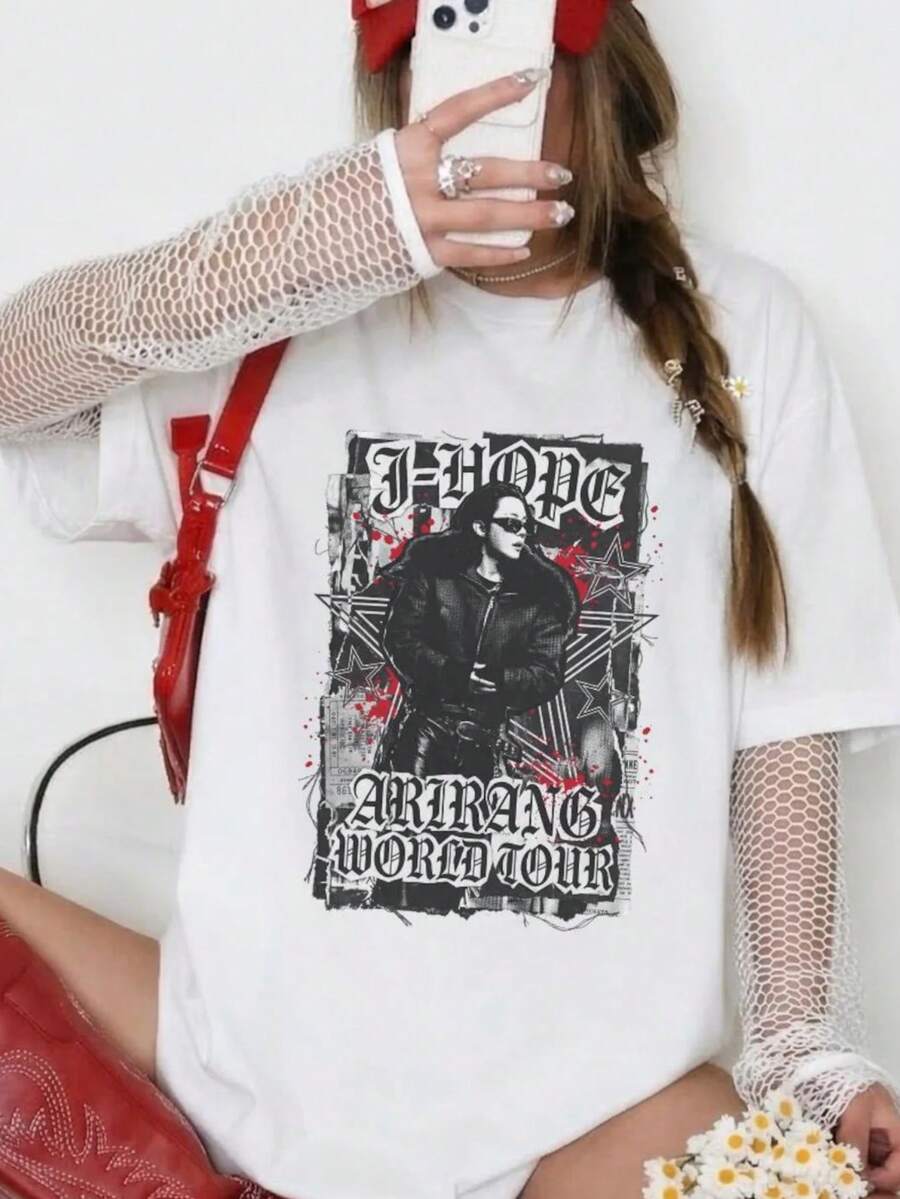 J-Hope Hobi Arirang Tour Shirt, Y2K Graphic Tee  . Camiseta informal de moda con estampado creativo para mujer, de manga corta y cuello redondo, para primavera y verano T-Shirt Women Festive Celebration Shirt Party Wear Top - Multicolor - Ver 1