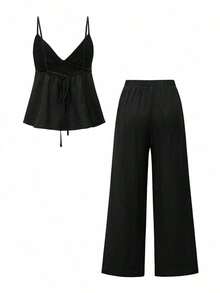 Conjunto de 2 piezas para mujer : Top de camisola elegante y pantalones holgados con cordón, camisola de lino con escote en V profundo y diseño sin espalda, y pantalones de cintura relajada, conjunto sexy, lindo y elegante para el verano - Negro - Ver 4