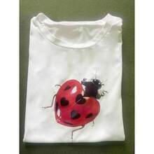 Camiseta de manga corta con cuello redondo para comercio exterior transfronterizo europeo y americano, con estampado de corazones y mariquitas, nuevo estilo de verano para mujer. - Negro - Ver 3