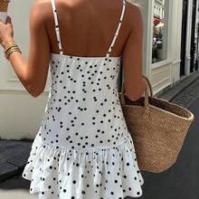 Women's Vintage White Polka Dot V-Neck Ruched Dress With Floral Decor, Tiered Bubble Hem, Elegant French Style For Beach, Party, Music Festival, Valentine's Day, Date, Casual Romantic Mini Dress - Negro - Ver 3