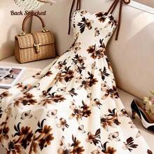 Women's Apricot Base Brown Floral Pattern Spaghetti Strap Waist A-Line Dress, Elegant And Charming For Vacation, Commute, Music Festival, Date, French Bohemian, Beach, Street, Versatile, Spring/Summer, Apricot Brown New Sleeveless Dress - Rojo - Ver 2