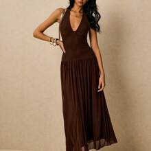 Women's Polka Dot Print Casual Sleeveless Long Dress - Marrón - Ver 1