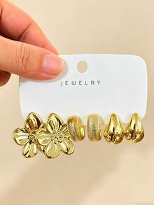 6/18pcs Set Thick Gold Tone Earrings Set, Low Allergy Thick Gold Tone Earrings For Women, Fashionable Earrings Set With Multiple Elements, Made Of ABS Resin, Lightweight And Easy To Carry, UV Plated Gold, Non-Fading - Gold - View 5