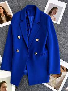 Spring & Summer Women's Solid Long Sleeve Double-Breasted Blazer, Notched Lapels | Ideal For Dates, Parties, Outings & Festive Celebrations - Sapphire Blue - View 6