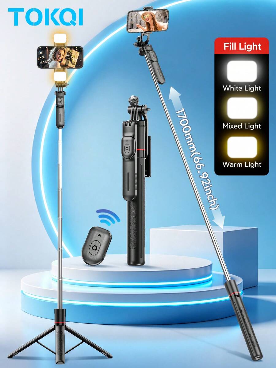 TOKQI 67"/170cm Alloy Bluetooth Selfie Stick Tripod With Stable Handle - 360° Rotatable Phone Holder, Wireless Remote And Detachable Stand, Compatible With /Camera/Smartphone - 3-In-1 Foldable (Handheld/Desktop/Tripod), Suitable For Vlog, Travel And Stabilized Video, Compatible With IOS And Android Phones, Ideal For Summer Vacation, Travel, Fill Light, Outdoor Activities And Live Streaming.