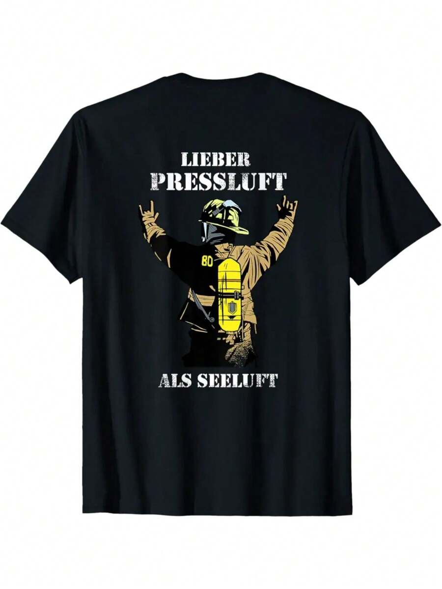 Sommer Men's Firefighter T-Shirt With Back Print, Respiratory Protection Equipment Carrier (BPE Carrier) - Short Sleeve Protective Clothing, Non-Elastic Fabric Suitable For Firefighter Equipment, Casual Crew Neck T-Shirt, Machine Washable, Loose And Comfortable For Summer. - Back - View 1