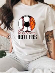 1 camiseta estampada BALLERS, camiseta deportiva de manga corta con cuello redondo, moderna y casual, top diario informal, 180g 100% algodón. - Blanco - Ver 11