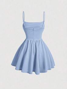 Elegante vestido de tirantes con fruncido en la cintura de color liso - Celeste - Ver 2