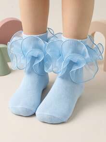 1 Pair Girls Ruffle Trim Frilly Socks, Princess Baby Socks - Baby Blue - View 6