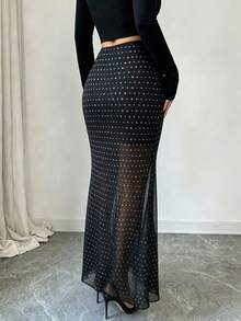 Women's Fashionable And Elegant Sequin Fitted Midi Skirt, Machine Washable Polyester Blend Fabric, Flattering Silhouette, Suitable For Summer Wear, Ideal For Daily, Evening Dates, Parties And Singles Events - Black - View 2