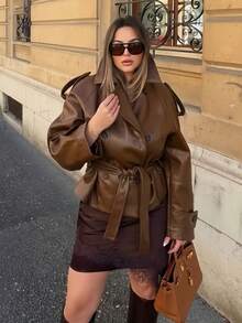 Women's Elegant Vintage Brown Patchwork Leather Waist Belt Motorcycle Jacket, Double-Breasted Lapel Casual Street Outerwear - Brown - View 4