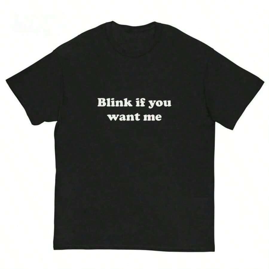 Camiseta de Algodón 100% con Diseño Estampado Casual para Mujer, Camiseta "Blink If You Want Me" – Camiseta Divertida con Meme Y2K, Camiseta Gráfica de los 90, Tops de Verano 2026, Ropa de Uso Diario para Mujer - Negro - Ver 1