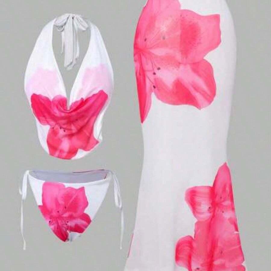 Swim Oasis Plus Size Women Summer Beach Floral Print Halter Tie Sexy Bikini Set With Sarong Skirt Hibiscus Swimsuit Swimwear 3 Pieces Set Valentines Bikini Set With Cover Up Three-Piece Bathing Suit Swimsuit Set With Cover Up - Blanco - Ver 1