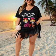 CURVE+ Curve Size US22Music Festival, Seaside Vacation, Bohemia Women's V-Neck Printed Loose Beach Cover-Up Top, Suitable For Summer Beach Vacation Plus Size Bathing Suits Women - Negro - Ver 7