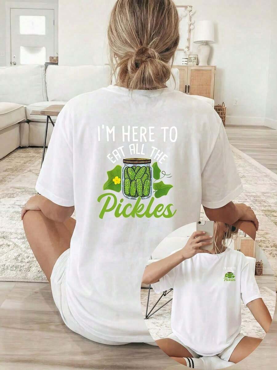 New Summer Collection 2026: Fashionable Women's T-Shirt [Double-Sided Print], Casual Short-Sleeve Round Neck Top, Printed With Green Pickle Cans And Text, Suitable For Casual Wear, Multipurpose Clothing, Fashionable T-Shirt, Comfortable Material, Summer T-Shirt For Style Enthusiasts. - 白色 - 查看 1