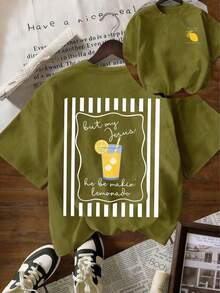 [100% Cotton] TaggedThreads Jesus Lemonade T-Shirt, But My Jesus Is Making Lemonade, Women's Graphic Tee, Casual Short Sleeve Crew Neck T-Shirt, Comfortable Summer, Autumn And Winter Styles - Unisex Everyday Wear For Women And Men For Campus - 綠色 - 查看 1