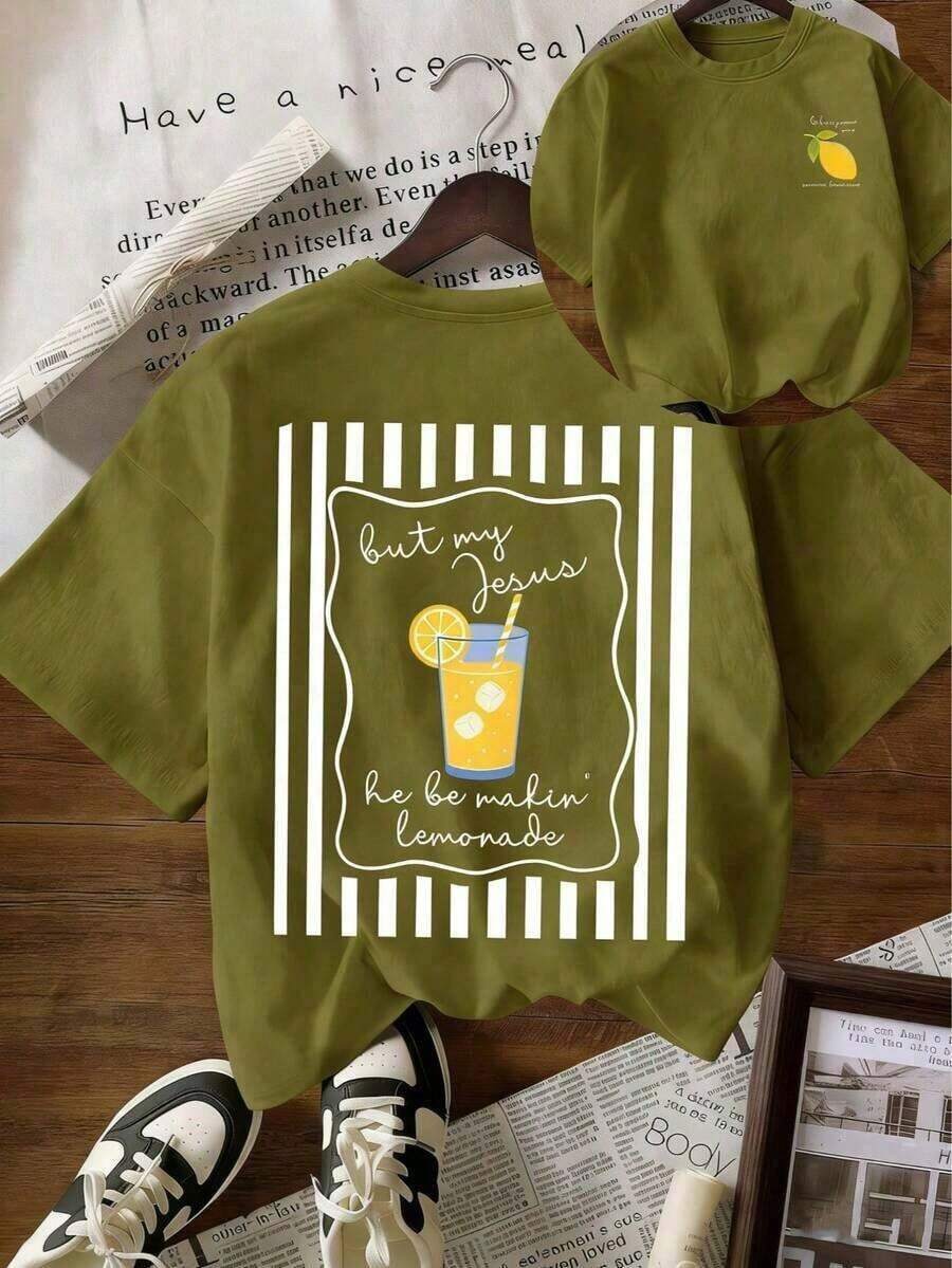 [100% Cotton] TaggedThreads Jesus Lemonade T-Shirt, But My Jesus Is Making Lemonade, Women's Graphic Tee, Casual Short Sleeve Crew Neck T-Shirt, Comfortable Summer, Autumn And Winter Styles - Unisex Everyday Wear For Women And Men For Campus - 綠色 - 查看 1
