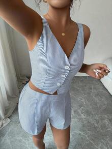 de 2 piezas de top con botones delanteros y dobladillo con abertura + shorts de unicolor casual y de uso diario para mujer - Azul y blanco - Ver 5