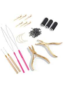Juego de alicates de eslabones microméticos de acero inoxidable, 200 piezas de anillos de silicona de 4 mm, agujas de coser, hilos, kit de herramientas para extensiones de cabello, festival, fiesta - Dorado - Ver 2