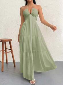 Vestido de gasa para mujer sin espalda con cuello halter y cola larga para vacaciones, bodas o festivales - Verde - Ver 1