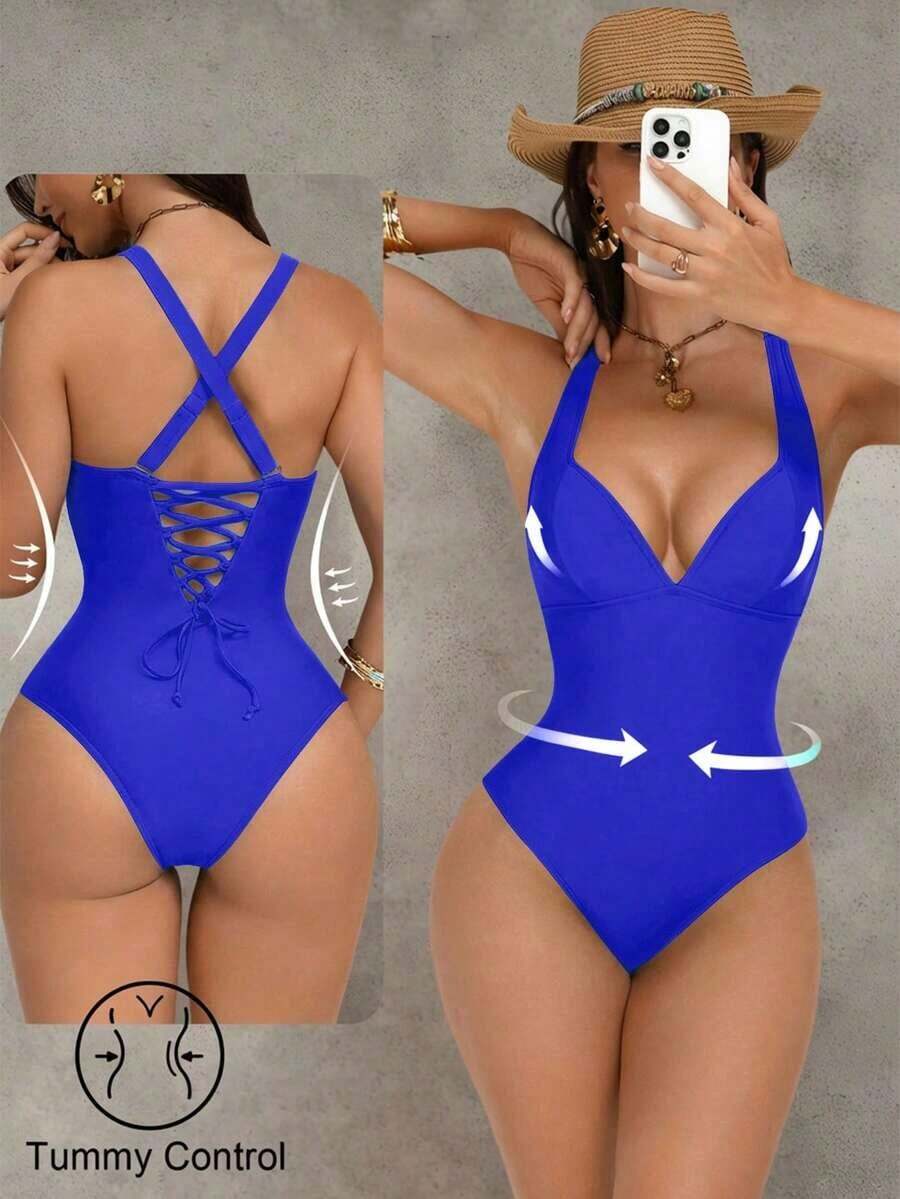 Traje de baño de una pieza con control de abdomen y push-up, con parches de color marrón, cordón de ajuste elegante y sexy, para fiestas y piscina - azul real - Ver 1