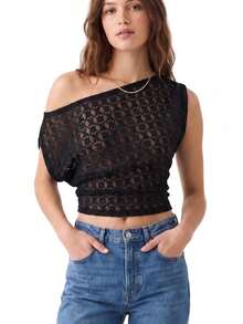 Women Sheer Off Shoulder Tops Slim Fit Flower Pattern Sleeveless Crop Shirts For Summer Going Out Party Club - Black - View 1