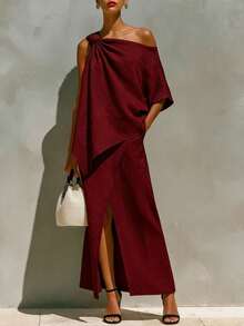 Women's Irregular Solid Color One-Shoulder Front Slit Outfit, Modern Style 2026 - 酒紅色 - 查看 1