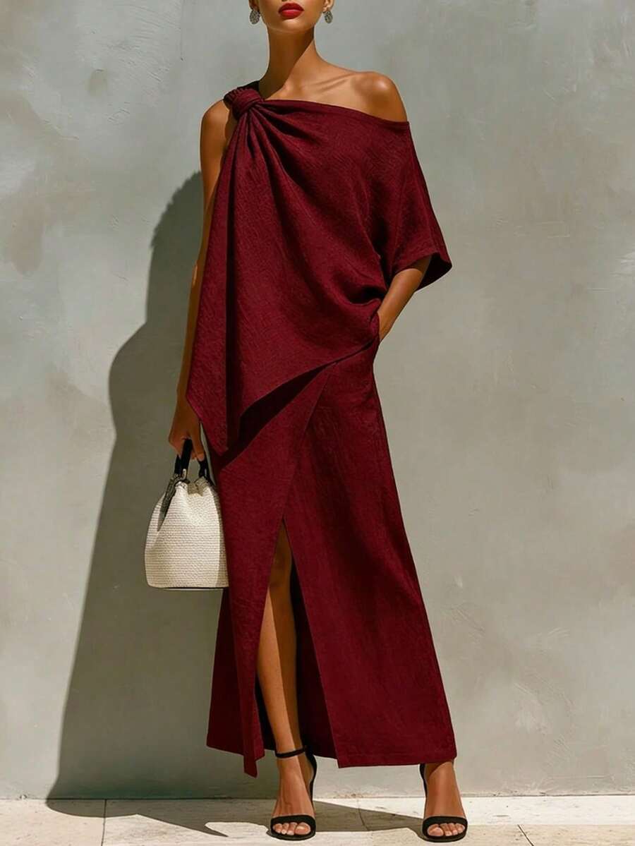 Women's Irregular Solid Color One-Shoulder Front Slit Outfit, Modern Style 2026 - 酒紅色 - 查看 1