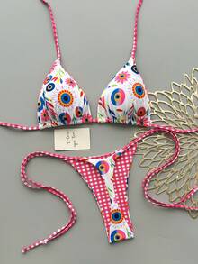 Bộ bikini gợi cảm buộc dây cổ, họa tiết kẻ caro và hoa dành cho nữ - Nhiều màu - Xem 1