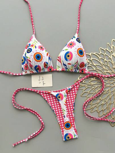 Bộ bikini gợi cảm buộc dây cổ, họa tiết kẻ caro và hoa dành cho nữ