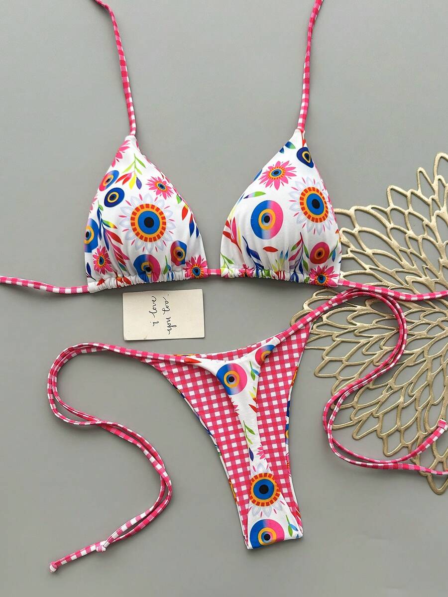 Bộ bikini gợi cảm buộc dây cổ, họa tiết kẻ caro và hoa dành cho nữ - Nhiều màu - Xem 1