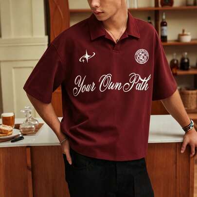 Men's Summer Casual Retro College Style Short Polo Shirt With "Your Own Path" Letter Print, Loose Fit For Home, Office, Outdoor, City, Street, Youthful, Minimalist, Versatile, Quality Personalized Sports