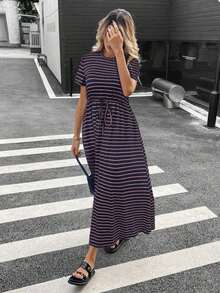 Women's Striped Round Neck Short Sleeve Tie Waist Pocket Casual Mid-Length Dress Women's Summer Dresses Women's Summer Outfits Casual Outfit For Women Dress Women's Summer Co Ord Maxi Dress With Pockets,Summer Dresses For Women - 彩色 - 查看 5