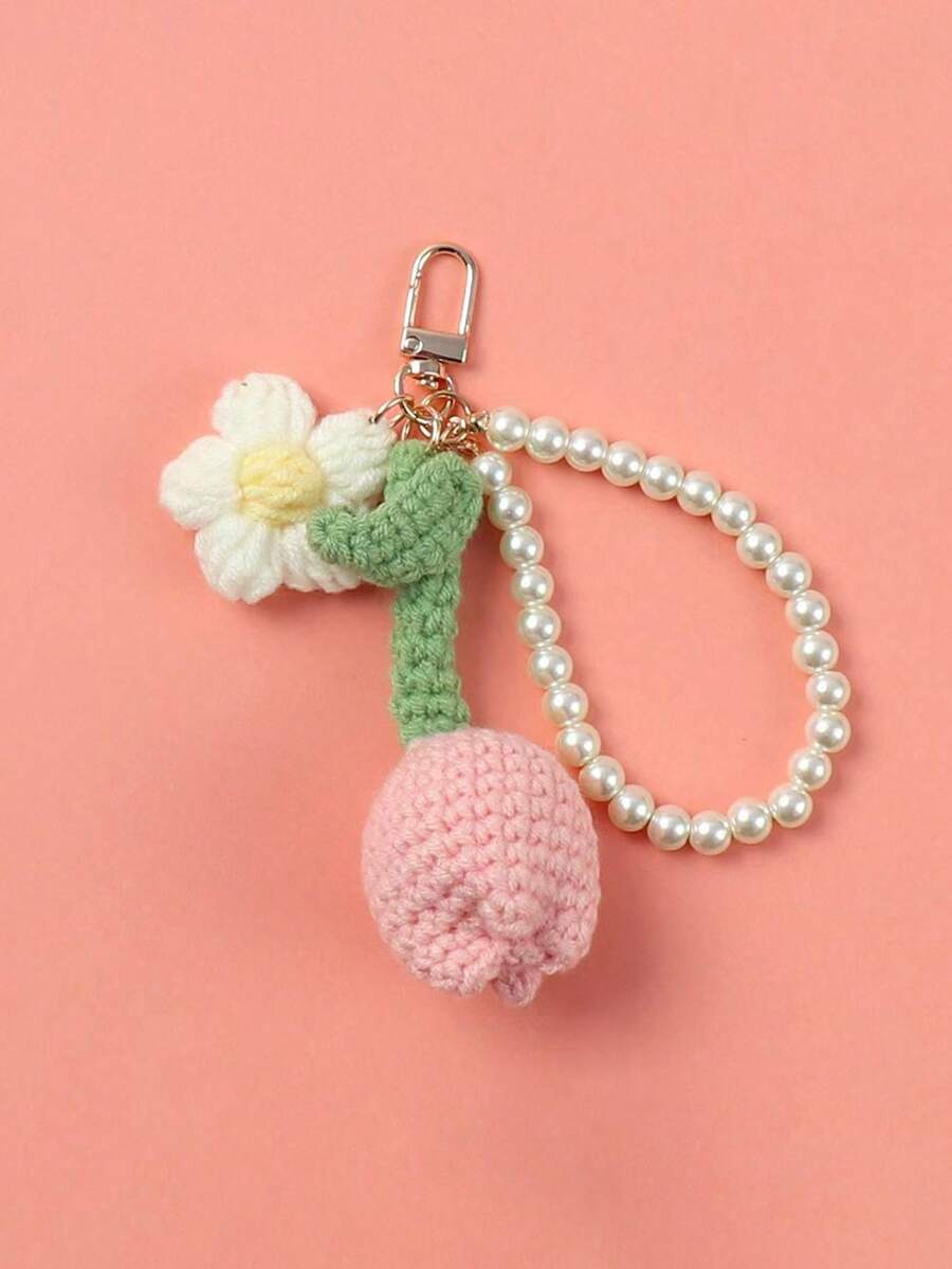 1 pieza Llavero de tulipán de ganchillo rosa, colgante de cadena de perlas, accesorio de estilo suave de chica para bolso, llavero, regalo de cumpleaños, llavero, accesorio de festival - Rosa - Ver 1