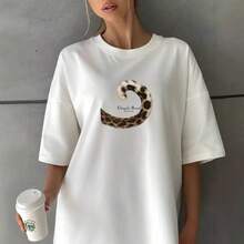Camiseta de manga corta con diseño de cola de leopardo, novedad de verano 2026, para mujer, holgada, de talla grande, informal y versátil. - Blanco - Ver 5