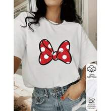Camiseta de mujer de verano, nueva, con estampado de lazo, cuello redondo y manga corta, para comercio exterior transfronterizo europeo y americano. - Blanco - Ver 3