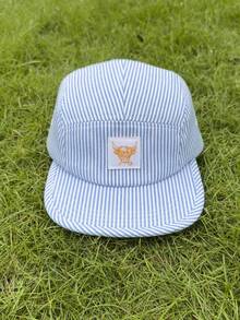 Mũ lưỡi trai unisex thêu hình đầu bò, màu xanh trắng hoặc đen trắng sọc, 5 múi, vành phẳng, thoáng khí, thời trang đường phố, dễ thương cho tiệc tùng, khiêu vũ đường phố, trượt ván. - Mũ lưỡi trai năm mảnh - Xem 7