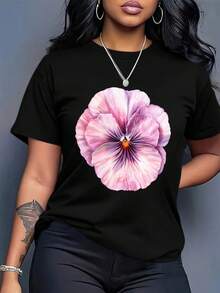 Camiseta de mujer - Camiseta casual de corte holgado para uso diario, con estampado geométrico y patrones florales en rosa claro, camisa transpirable para el día a día, imprescindible para todas las estaciones, top de moda europea y americana, camiseta de mujer, esencial para el guardarropa de verano, top de cuello redondo, tela suave, top de corte holgado, top elegante, material ligero, top de manga corta, para adultas. - Negro - Ver 8