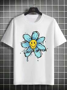 Camiseta de manga corta para hombre, informal, moderna y elegante, con estampado sencillo - Estampado de cara sonriente y flores en amarillo, estilo único y divertido. Diseño estampado, cómodo y transpirable, camiseta deportiva casual de cuello redondo fácil de combinar, hecha de mezcla de poliéster, adecuada para todas las estaciones, disponible en múltiples colores y tallas, perfecta para reuniones navideñas, salidas familiares y uso casual diario, resaltando tu encanto y confianza en la moda, ¡un artículo imprescindible! Cómodo, Holgado - Blanco - Ver 1