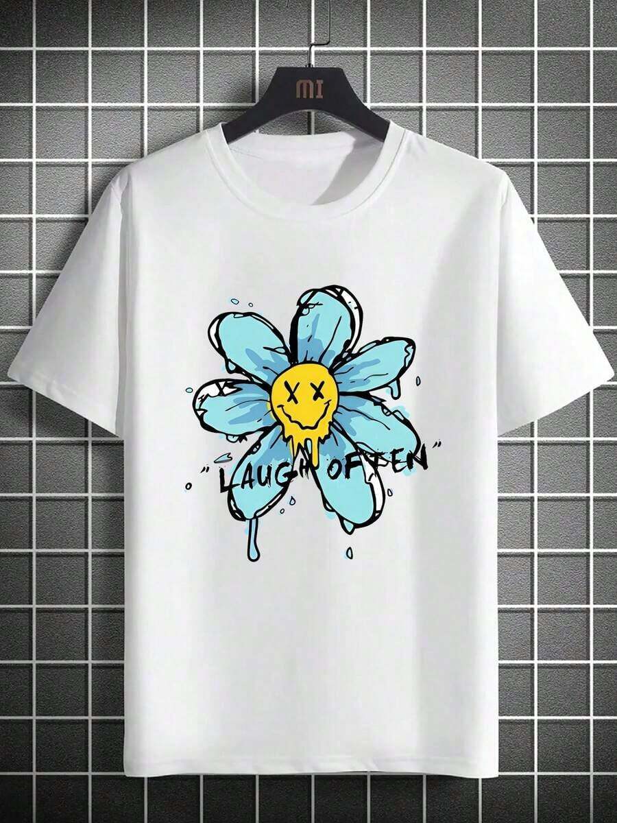 Camiseta de manga corta para hombre, informal, moderna y elegante, con estampado sencillo - Estampado de cara sonriente y flores en amarillo, estilo único y divertido. Diseño estampado, cómodo y transpirable, camiseta deportiva casual de cuello redondo fácil de combinar, hecha de mezcla de poliéster, adecuada para todas las estaciones, disponible en múltiples colores y tallas, perfecta para reuniones navideñas, salidas familiares y uso casual diario, resaltando tu encanto y confianza en la moda, ¡un artículo imprescindible! Cómodo, Holgado - Blanco - Ver 1