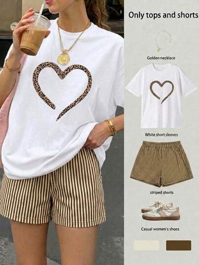 Conjunto Casual de 2 Piezas para Mujer Camiseta Manga Corta con Estampado de corazon con lepardo y Shorts de Cintura Alta a Rayas estilo casual ideal diario vacaciones dulce