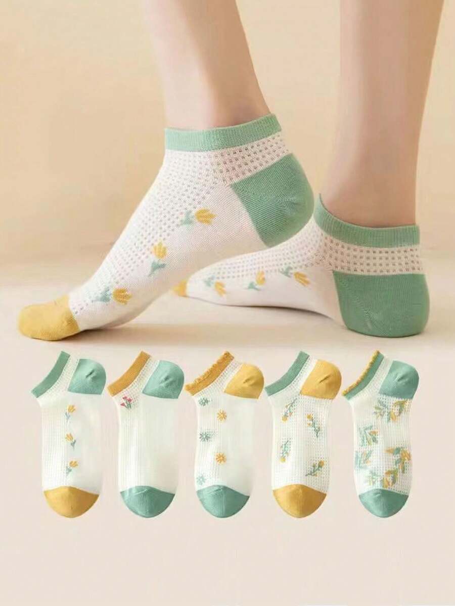 5 Pairs Random Summer Thin Floral Lace Low-Cut Breathable Cotton Socks - Multicolor - View 1