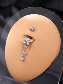 1pc Sparkling Micro-Inlaid Zirconia Butterfly Navel Ring, Zirconia Animal Navel Piercing Jewelry For Women - Silver - View 5