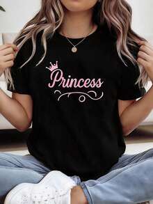 Camiseta de princesa con estampado de letras, top casual de manga corta y cuello redondo para verano y primavera, ropa de mujer - Negro - Ver 2
