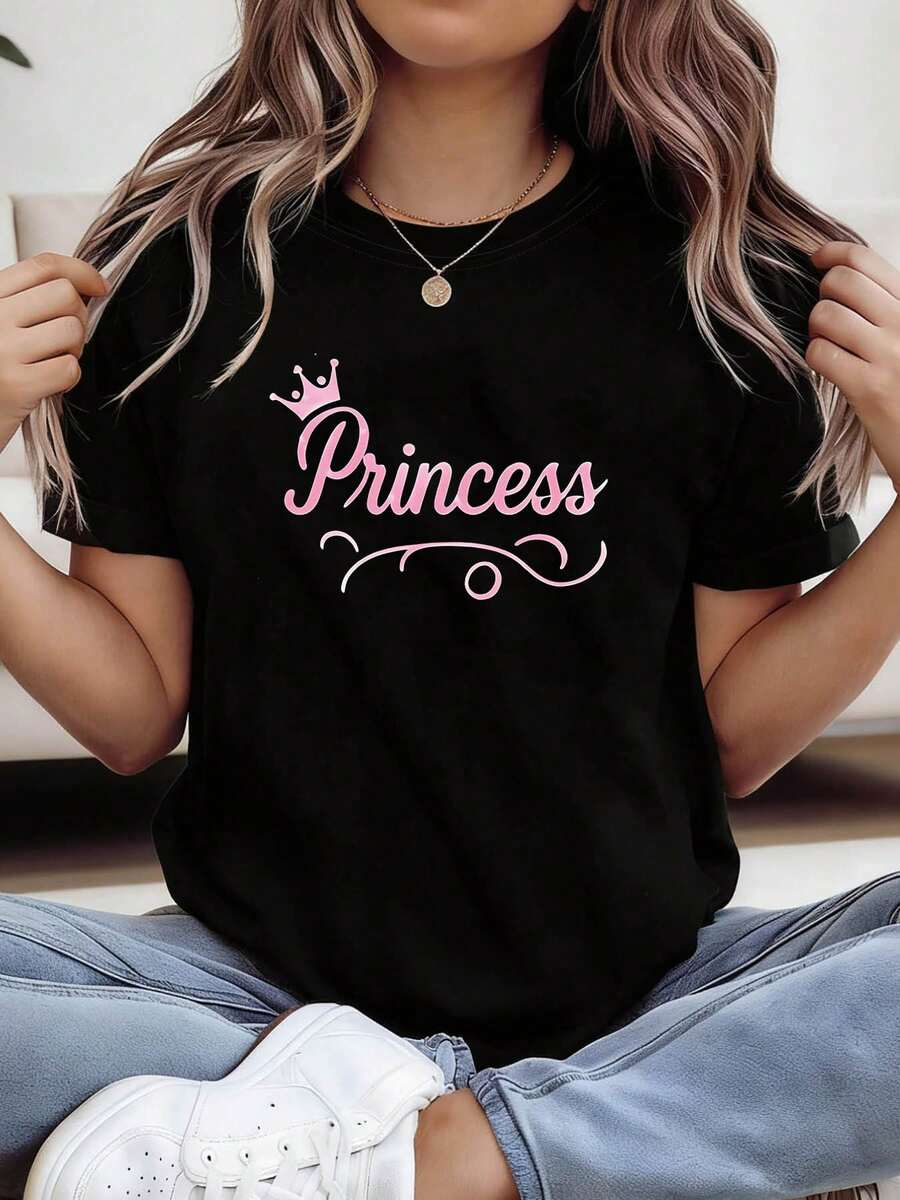 Camiseta de princesa con estampado de letras, top casual de manga corta y cuello redondo para verano y primavera, ropa de mujer