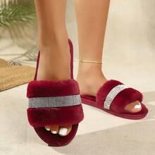 LANGRUIER New Solid Color Bohemian Crystal Embellished Open Toe Flat Slippers, Soft Sole Indoor Outdoor Versatile All Season Wear - Burgundy - View 4