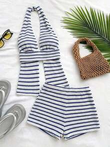 Conjunto de 2 piezas de top halter y shorts de moda para mujer de vacaciones - Azul y blanco - Ver 1