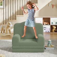 Sillón infantil convertible con diseño de corona – Sherpa suave y funda lavable – Silla cómoda y cama plegable para niños y niñas – Ideal para sala de juegos y guardería - Verde - Ver 2